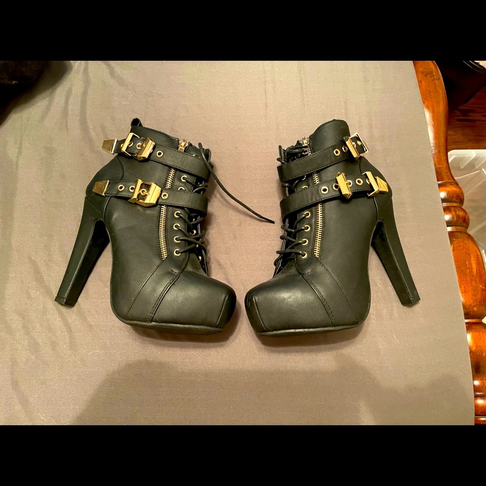 Black Booties, gold buckles